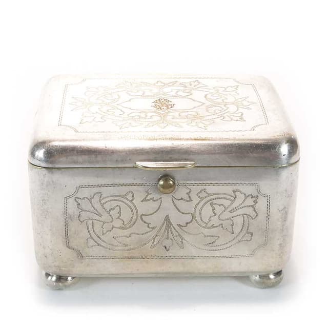 Cukiernica skrzynkowa Art déco, mosiądz srebrny, Bracia Henneberg, Polska, lata 30. - WYMIARY