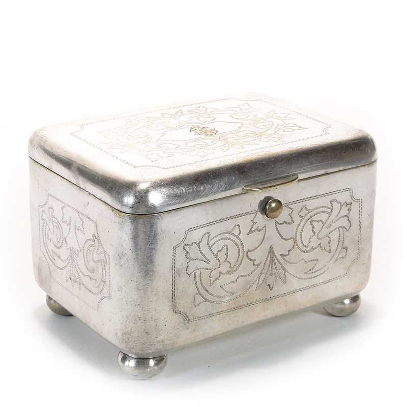 Cukiernica skrzynkowa Art déco, mosiądz srebrny, Bracia Henneberg, Polska, lata 30. - 198118