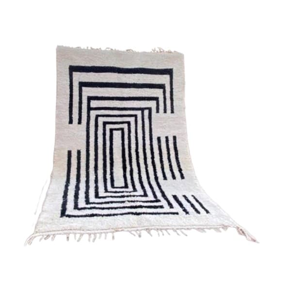 Handwoven rug 100x200 cm, wool, ivory, black, Morocco
