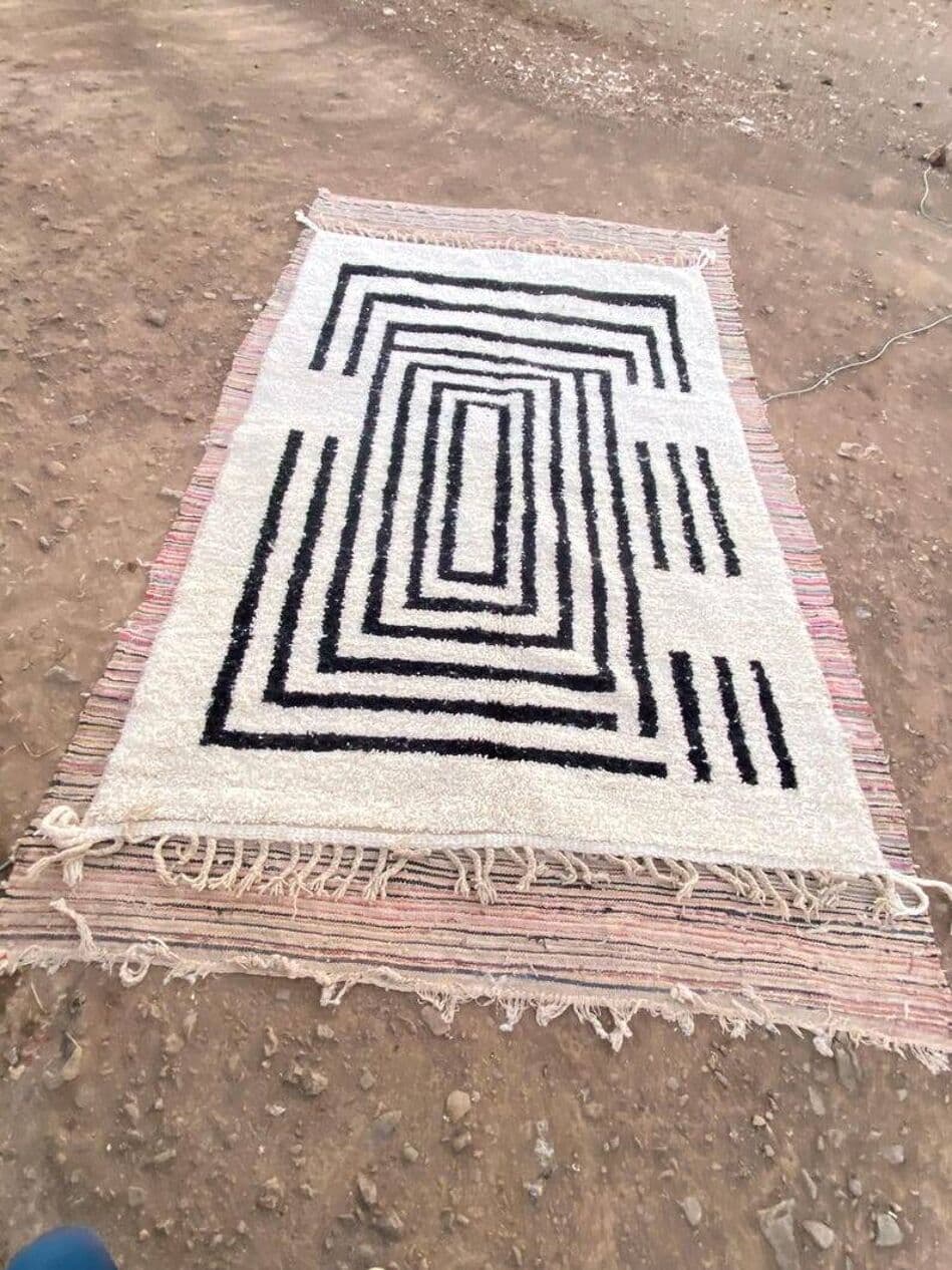 Handwoven rug 100x200 cm, wool, ivory, black, Morocco - 200352