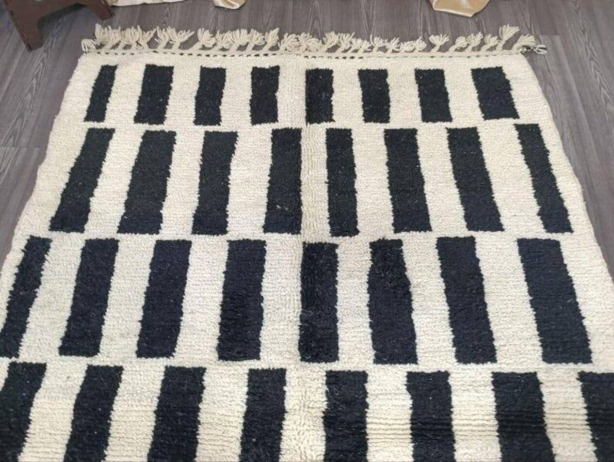 Handwoven rug 100x200 cm, wool, ivory, black, Morocco - 200278