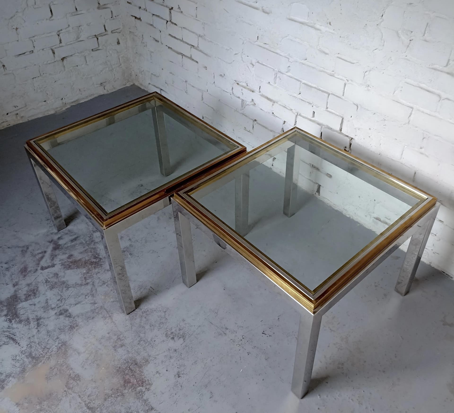 Stoliki kawowe Hollywood Regency, szkło transparent, mosiądz, stal chromowana, Włochy, lata 70. - 13880