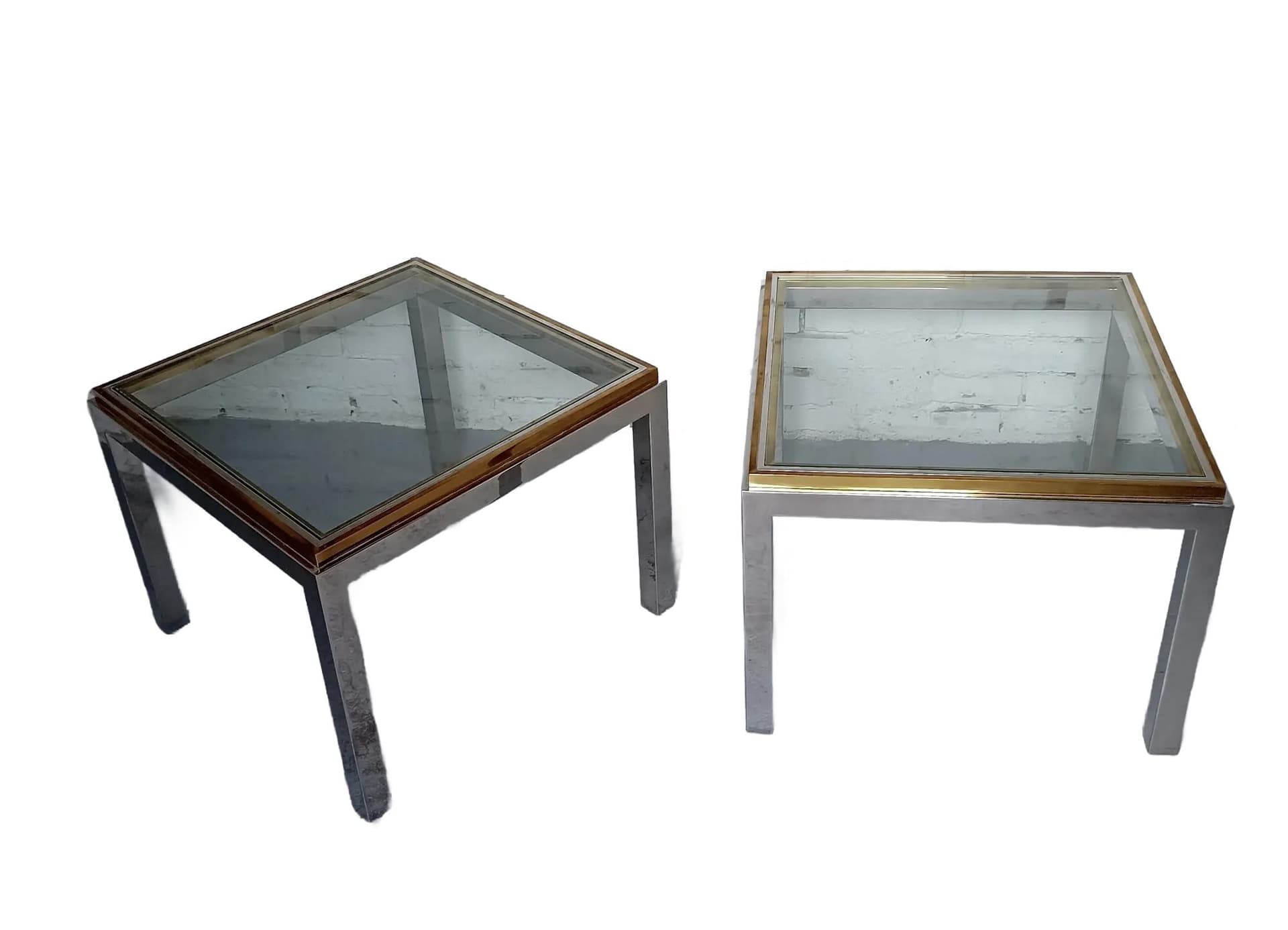 Stoliki kawowe Hollywood Regency, szkło transparent, mosiądz, stal chromowana, Włochy, lata 70.