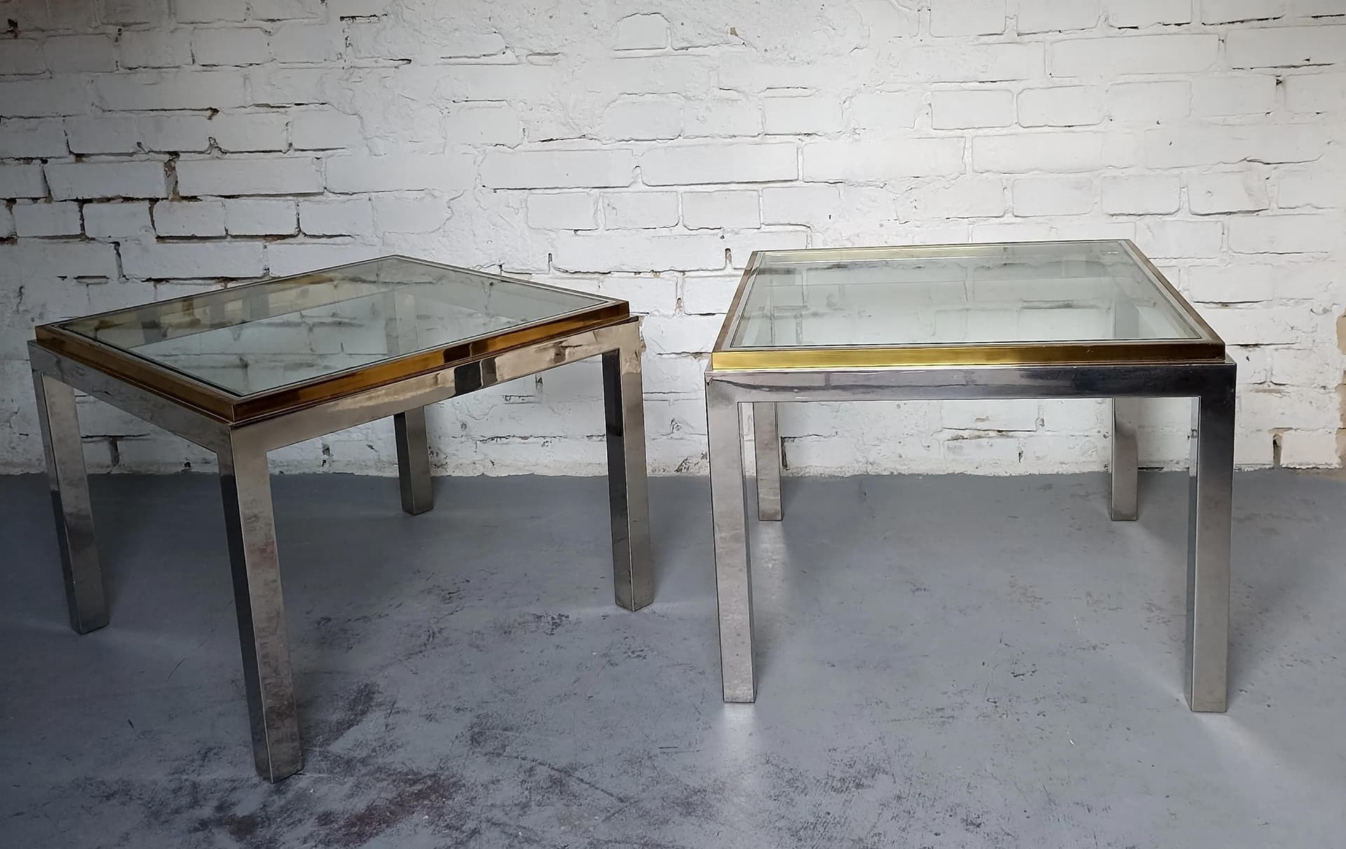 Stoliki kawowe Hollywood Regency, szkło transparent, mosiądz, stal chromowana, Włochy, lata 70. - 13883