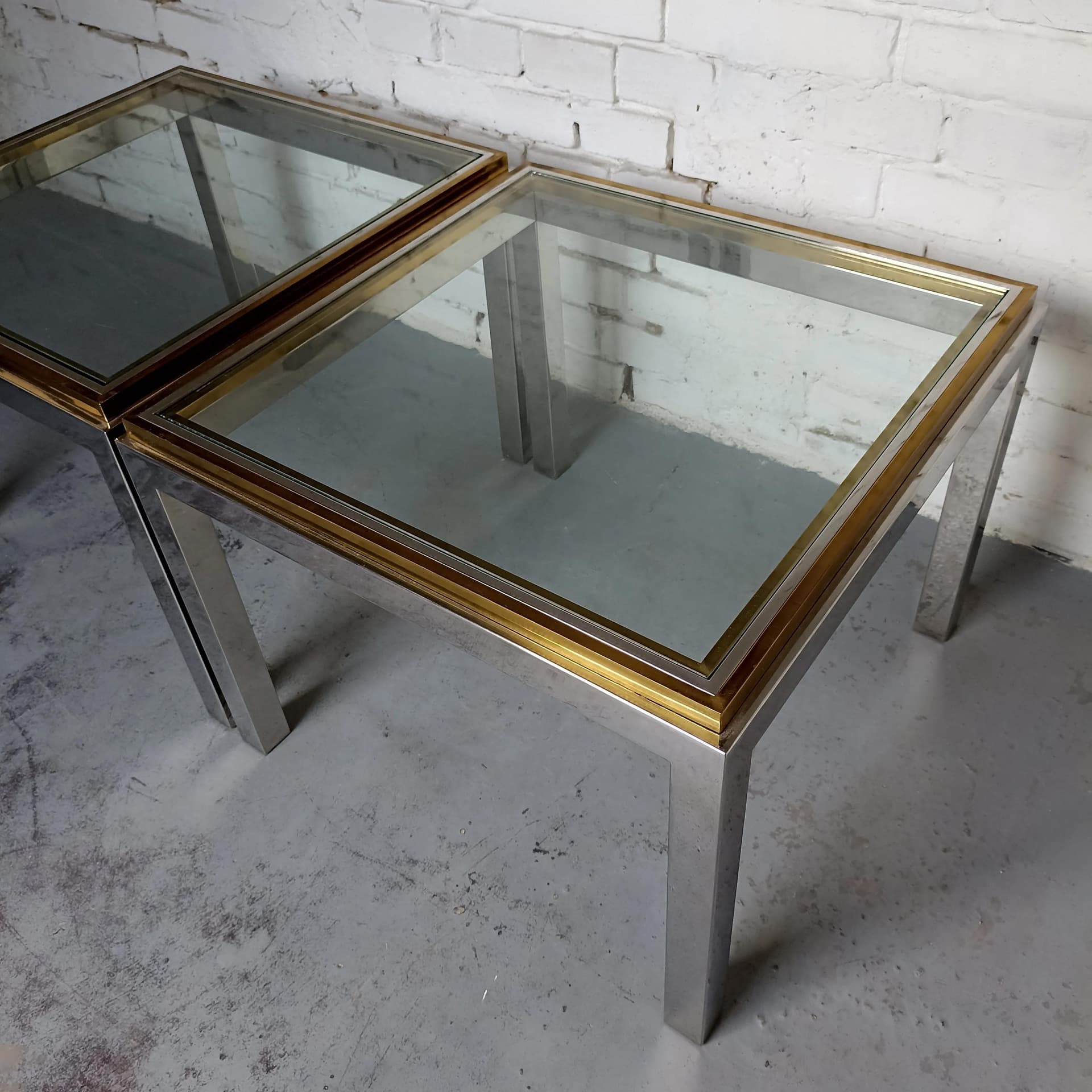 Stoliki kawowe Hollywood Regency, szkło transparent, mosiądz, stal chromowana, Włochy, lata 70. - 13879