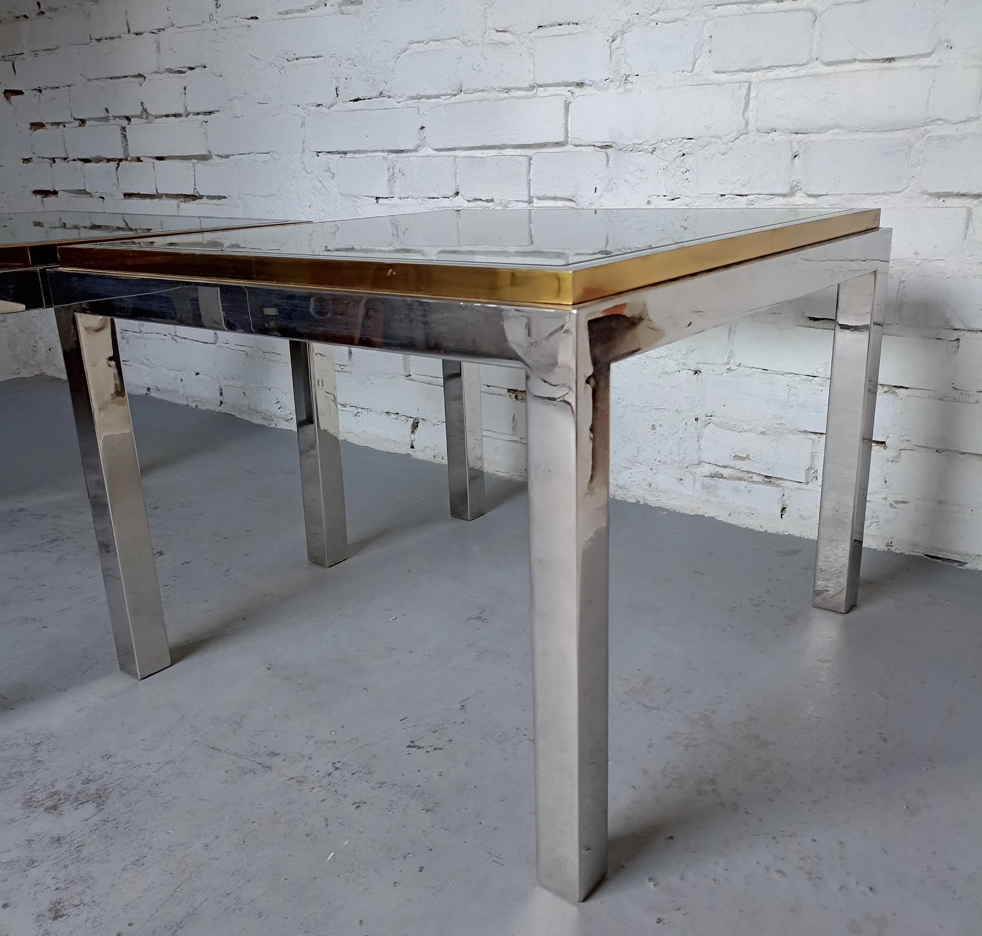 Stoliki kawowe Hollywood Regency, szkło transparent, mosiądz, stal chromowana, Włochy, lata 70. - 13881