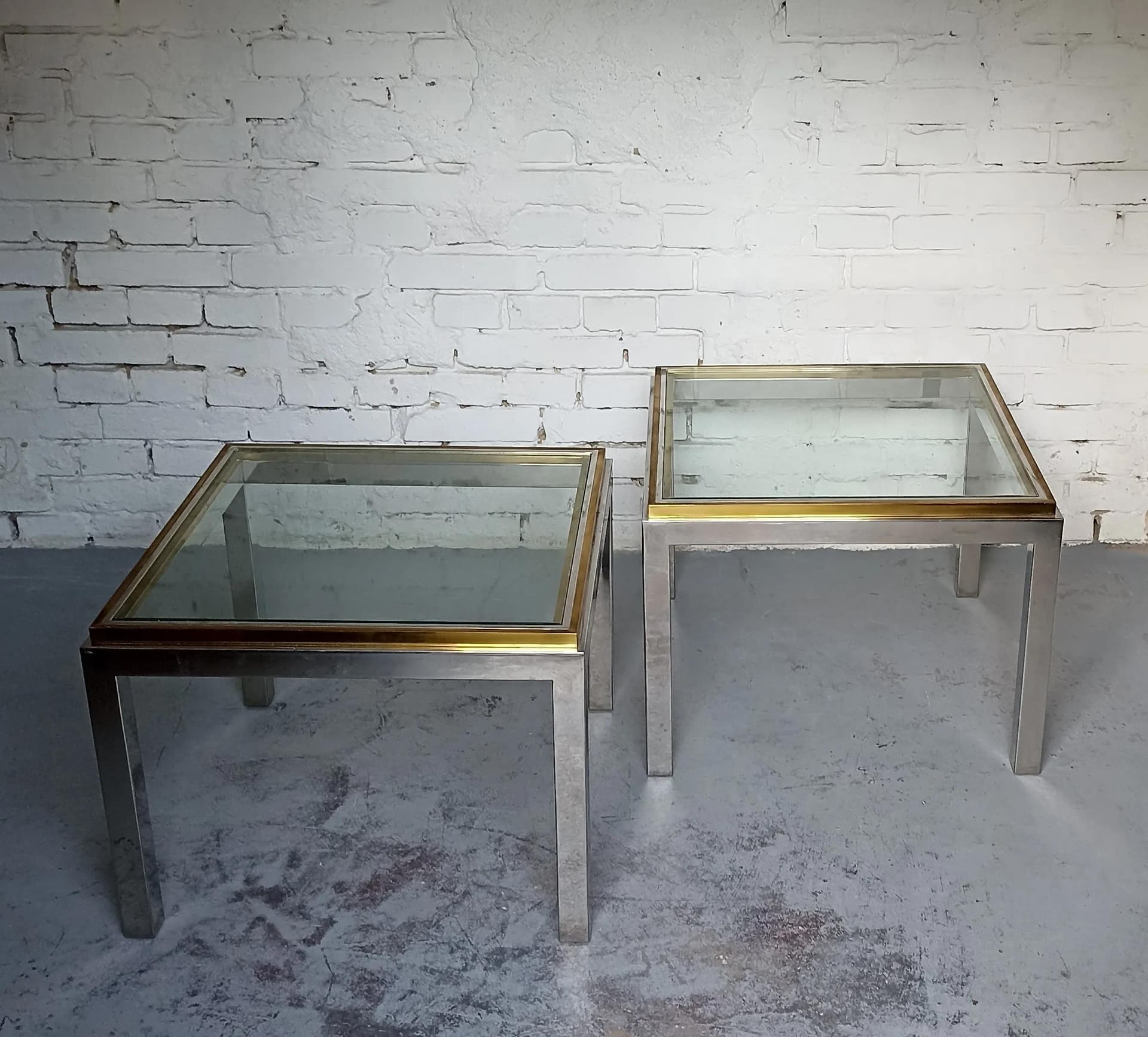 Stoliki kawowe Hollywood Regency, szkło transparent, mosiądz, stal chromowana, Włochy, lata 70. - 13876