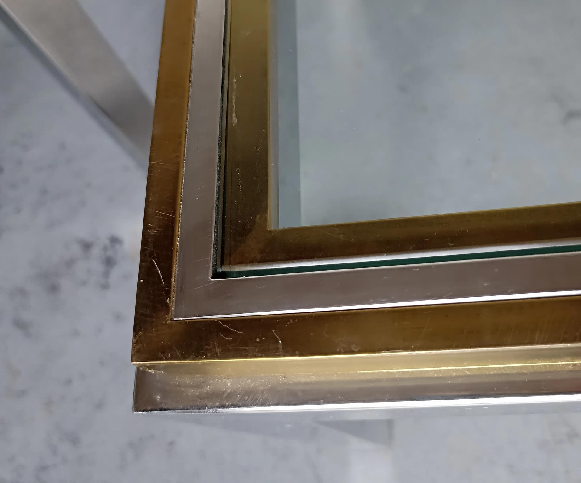 Stoliki kawowe Hollywood Regency, szkło transparent, mosiądz, stal chromowana, Włochy, lata 70. - 13884