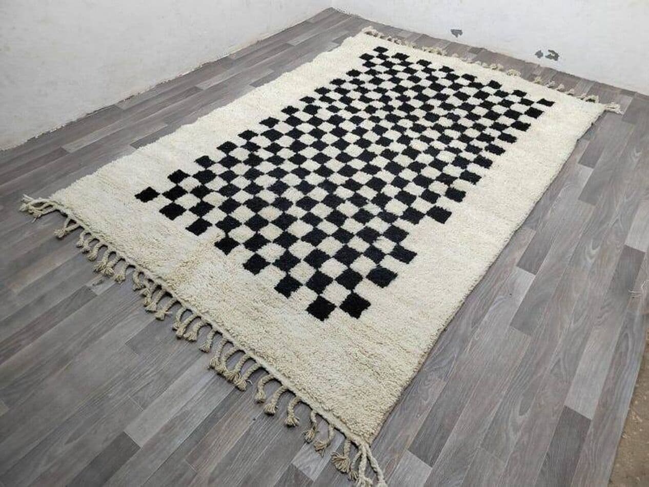 Ręcznie tkany dywan 150x250 cm, wełna, kość słoniowa, czarny, Maroko - 200245