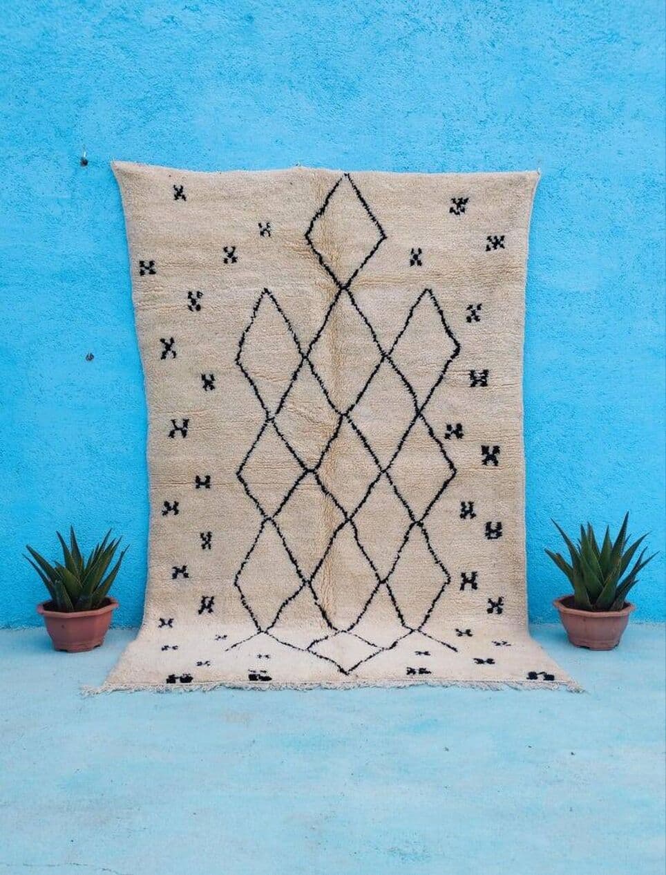 Ręcznie tkany dywan 150x260 cm, wełna, kremowy, beżowy, czarny, Maroko - 200009