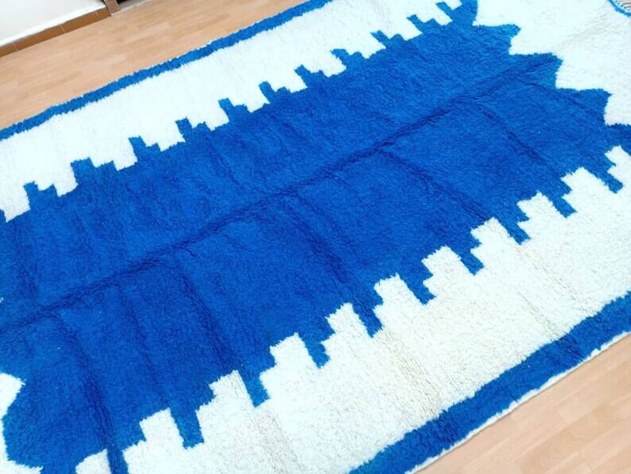 Ręcznie tkany dywan 160x240 cm, wełna, niebieski, biały, Maroko - 199986