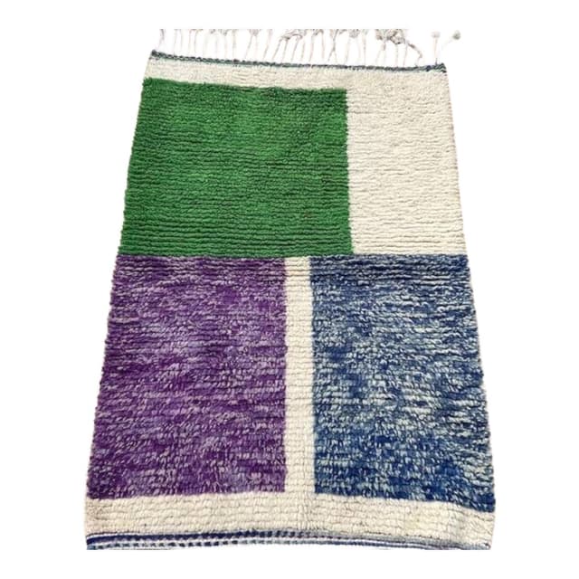 Ręcznie tkany dywan 200x300 cm, wełna, zielony, biały, fioletowy, niebieski, Maroko - WYMIARY