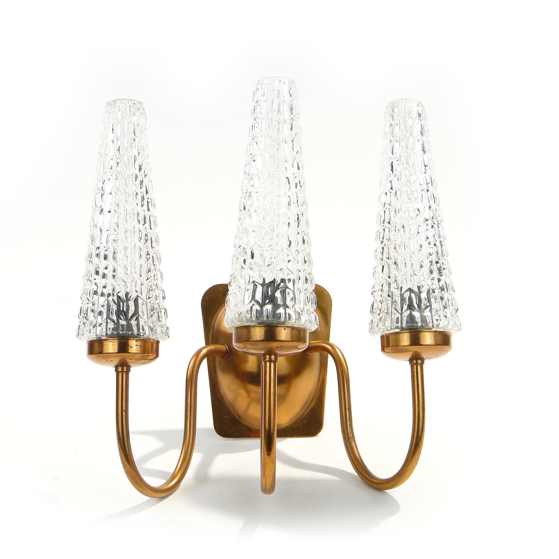 Kinkiet trójramienny, miedź, szkło, Polska, lata 70. - 1383