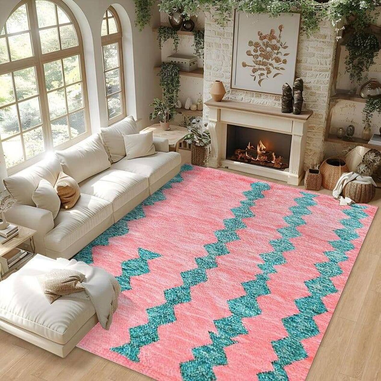 Handwoven rug 150x250 cm, wool, pink, Morocco - 199681