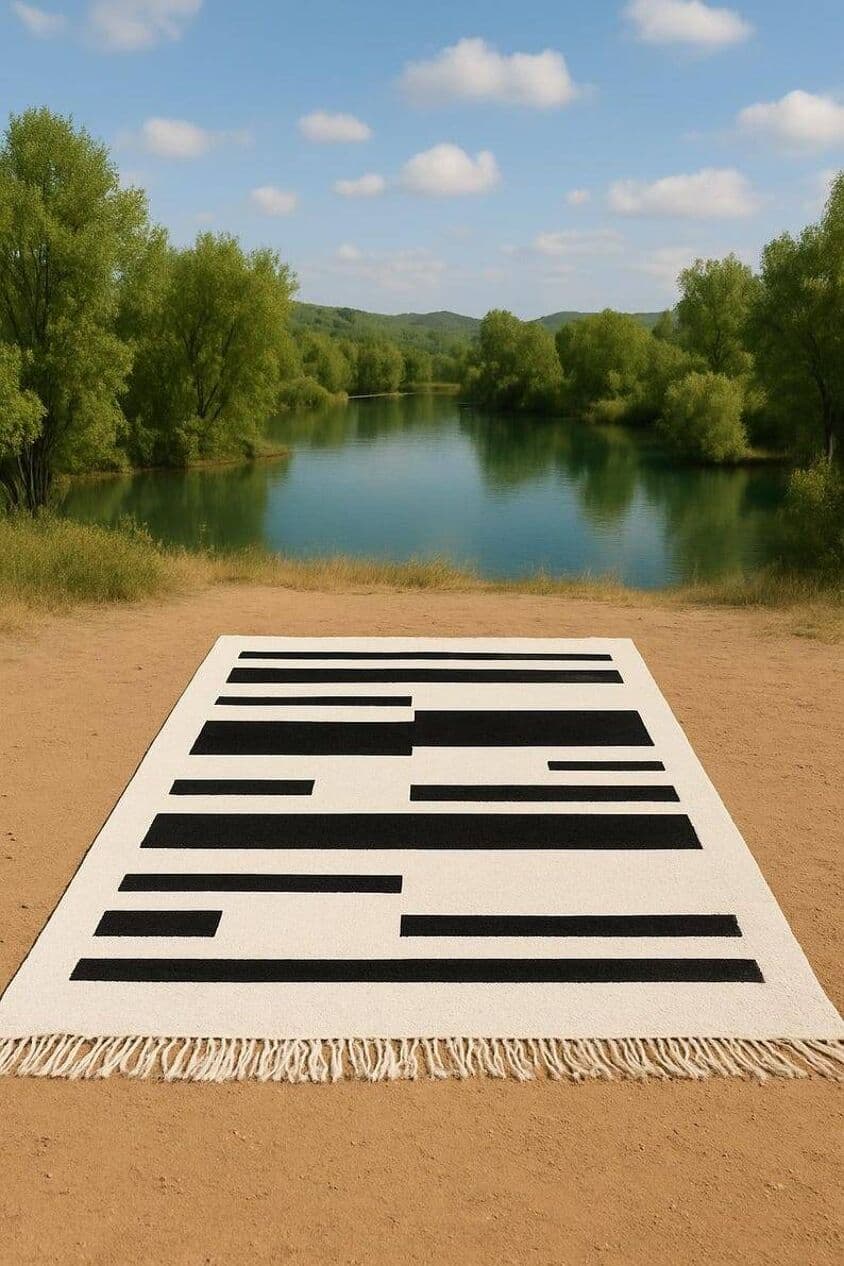 Handwoven rug 150x260 cm, wool, ivory, black, Morocco - 199638