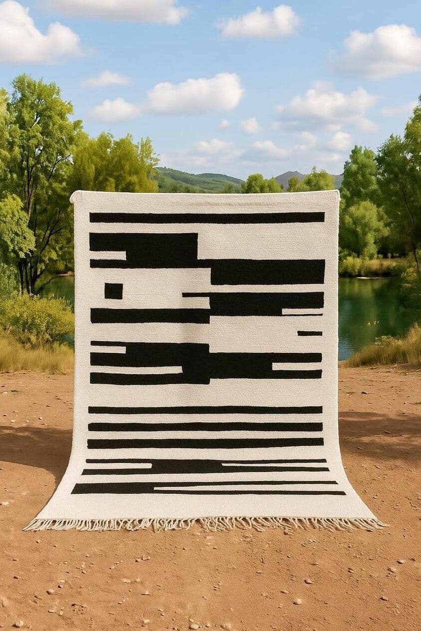 Handwoven rug 150x260 cm, wool, ivory, black, Morocco - 199640