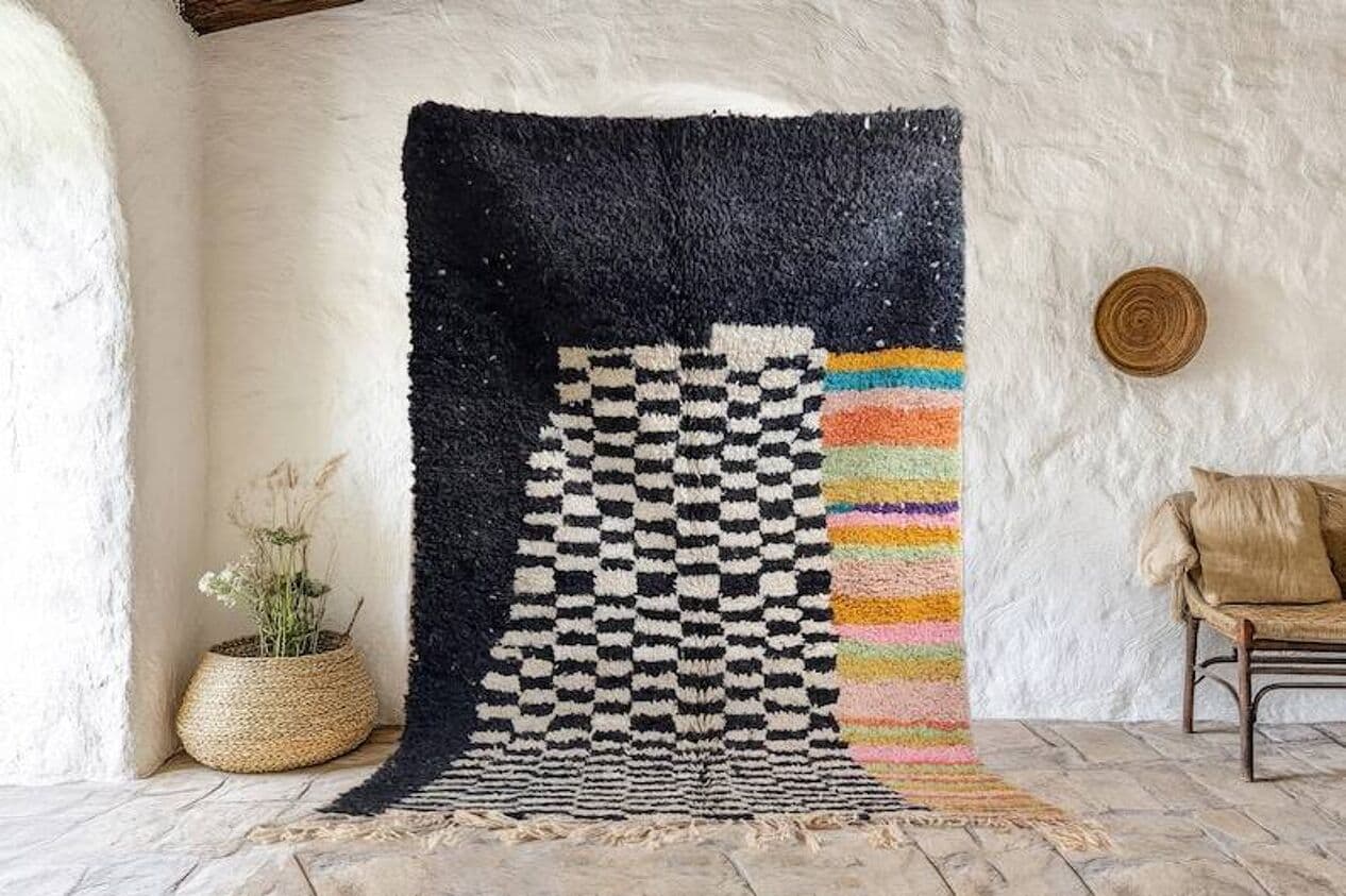 Ręcznie tkany dywan 150x250 cm, wełna, czarny, kość słoniowa, pomarańczowy, żółty, turkusowy, różowy, zielony, beżowy, Maroko - 199608