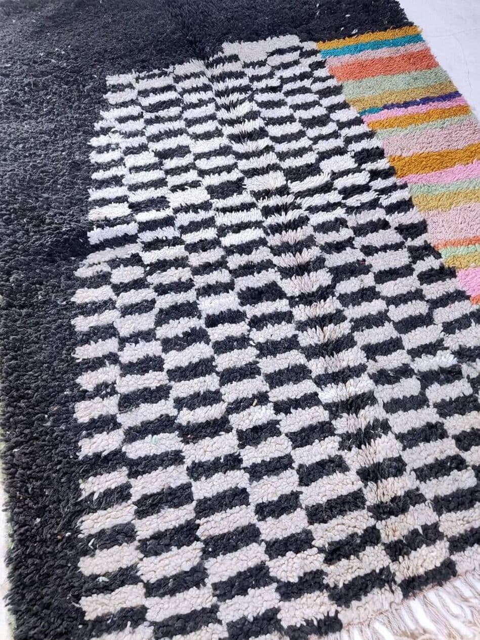 Ręcznie tkany dywan 150x250 cm, wełna, czarny, kość słoniowa, pomarańczowy, żółty, turkusowy, różowy, zielony, beżowy, Maroko - 199613