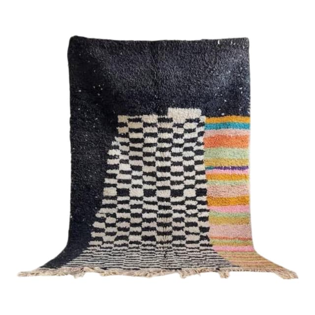 Ręcznie tkany dywan 150x250 cm, wełna, czarny, kość słoniowa, pomarańczowy, żółty, turkusowy, różowy, zielony, beżowy, Maroko - WYMIARY