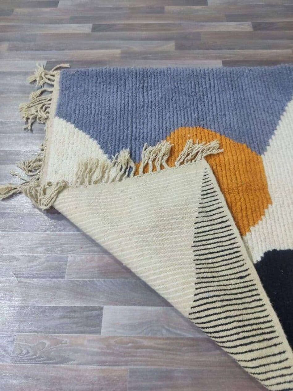 Handwoven rug 100x200 cm, wool, blue, navy, ivory, orange, Morocco - 199512