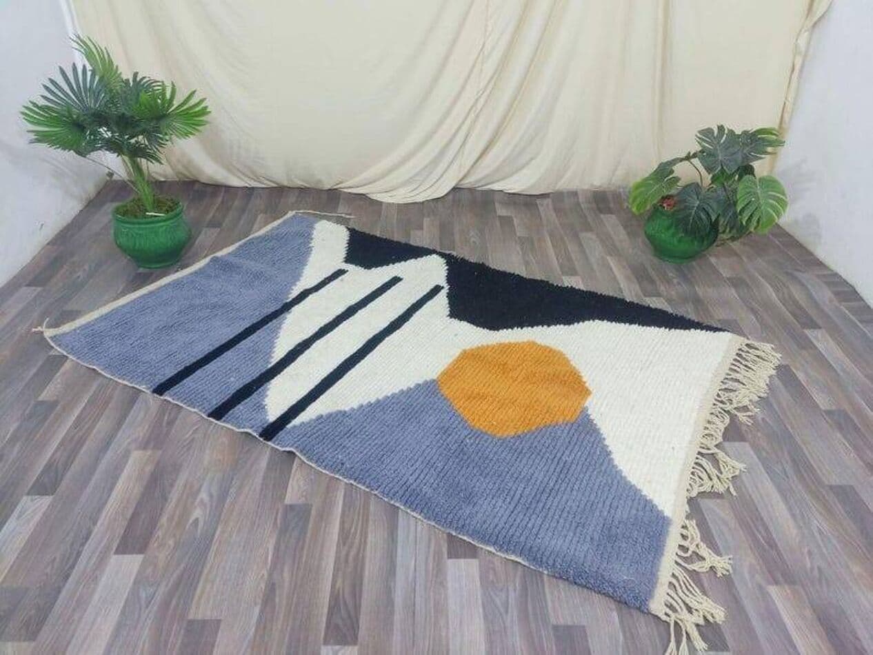 Handwoven rug 100x200 cm, wool, blue, navy, ivory, orange, Morocco - 199517