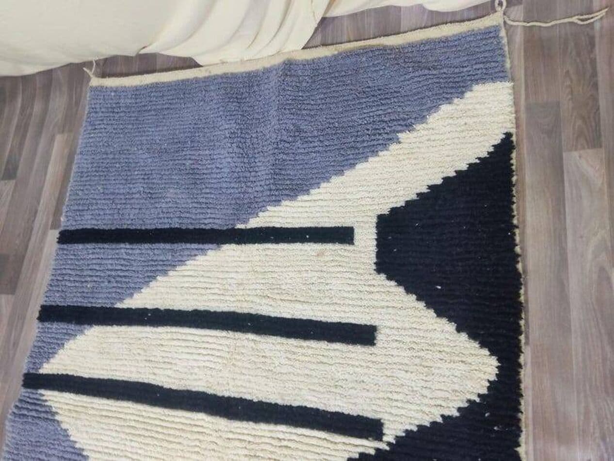 Handwoven rug 100x200 cm, wool, blue, navy, ivory, orange, Morocco - 199513