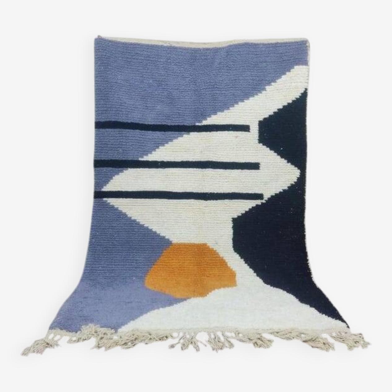 Handwoven rug 100x200 cm, wool, blue, navy, ivory, orange, Morocco - 199511