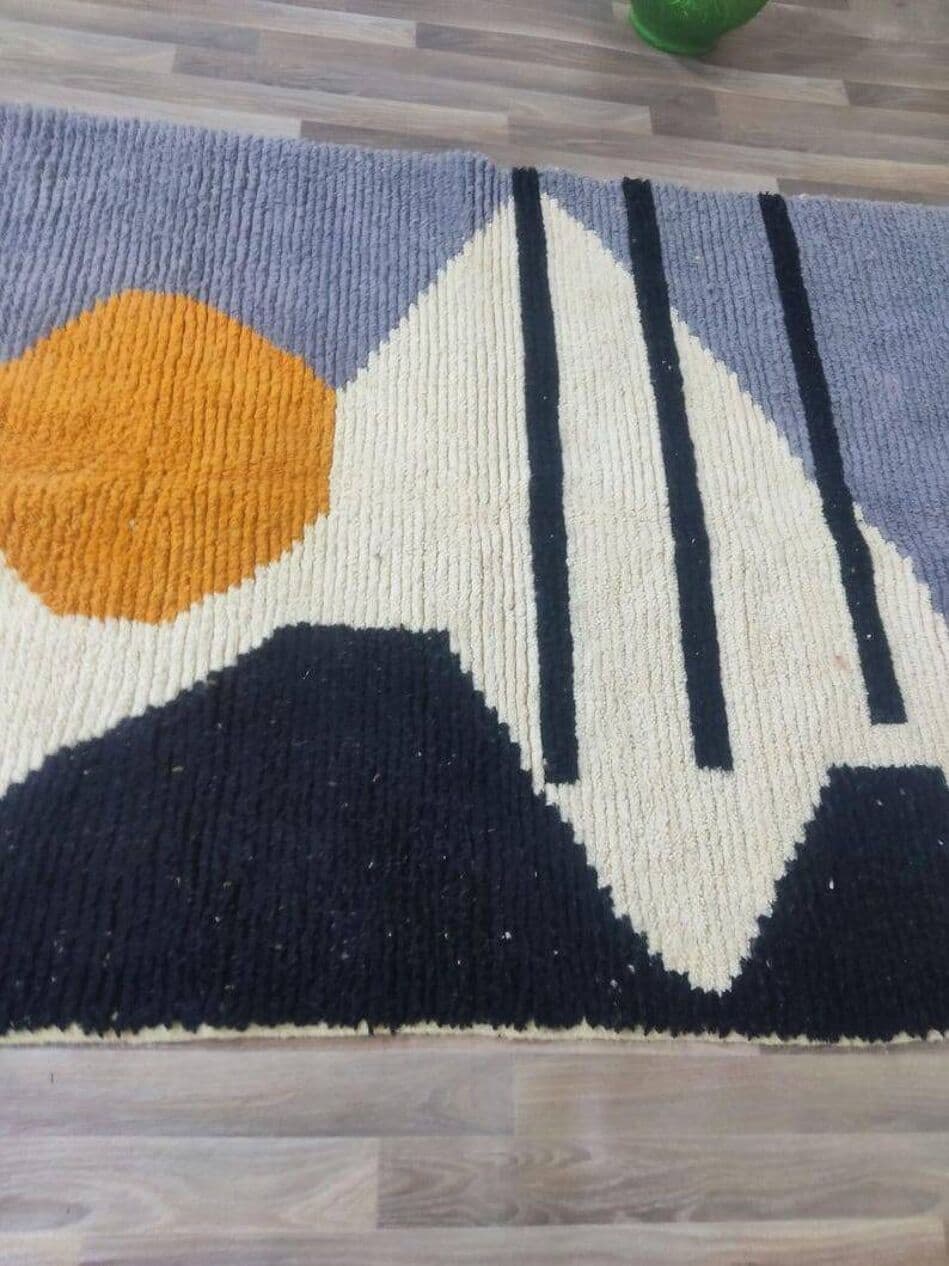 Handwoven rug 100x200 cm, wool, blue, navy, ivory, orange, Morocco - 199515
