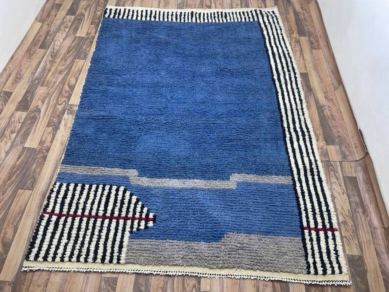 Hand-woven rug 150x250 cm, wool, blue, black, grey, cream, Morocco - 199447