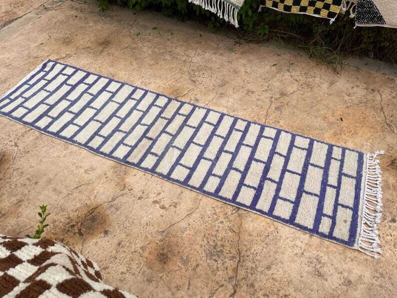 Ręcznie tkany dywan 400x70 cm, wełna, kremowy, granatowy, Maroko - 199303