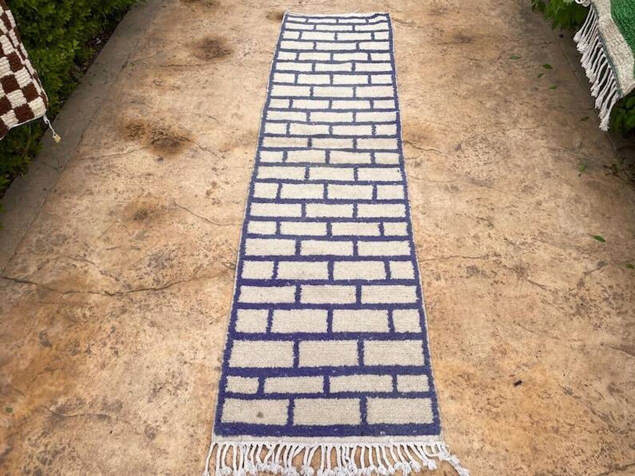 Ręcznie tkany dywan 400x70 cm, wełna, kremowy, granatowy, Maroko - 199302