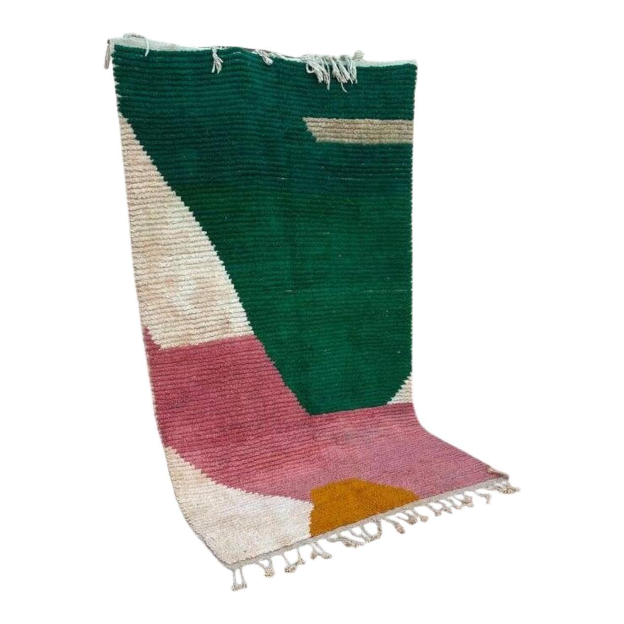 Ręcznie tkany dywan 200x300 cm, wełna, zielony, różowy, biały, ochra, Maroko