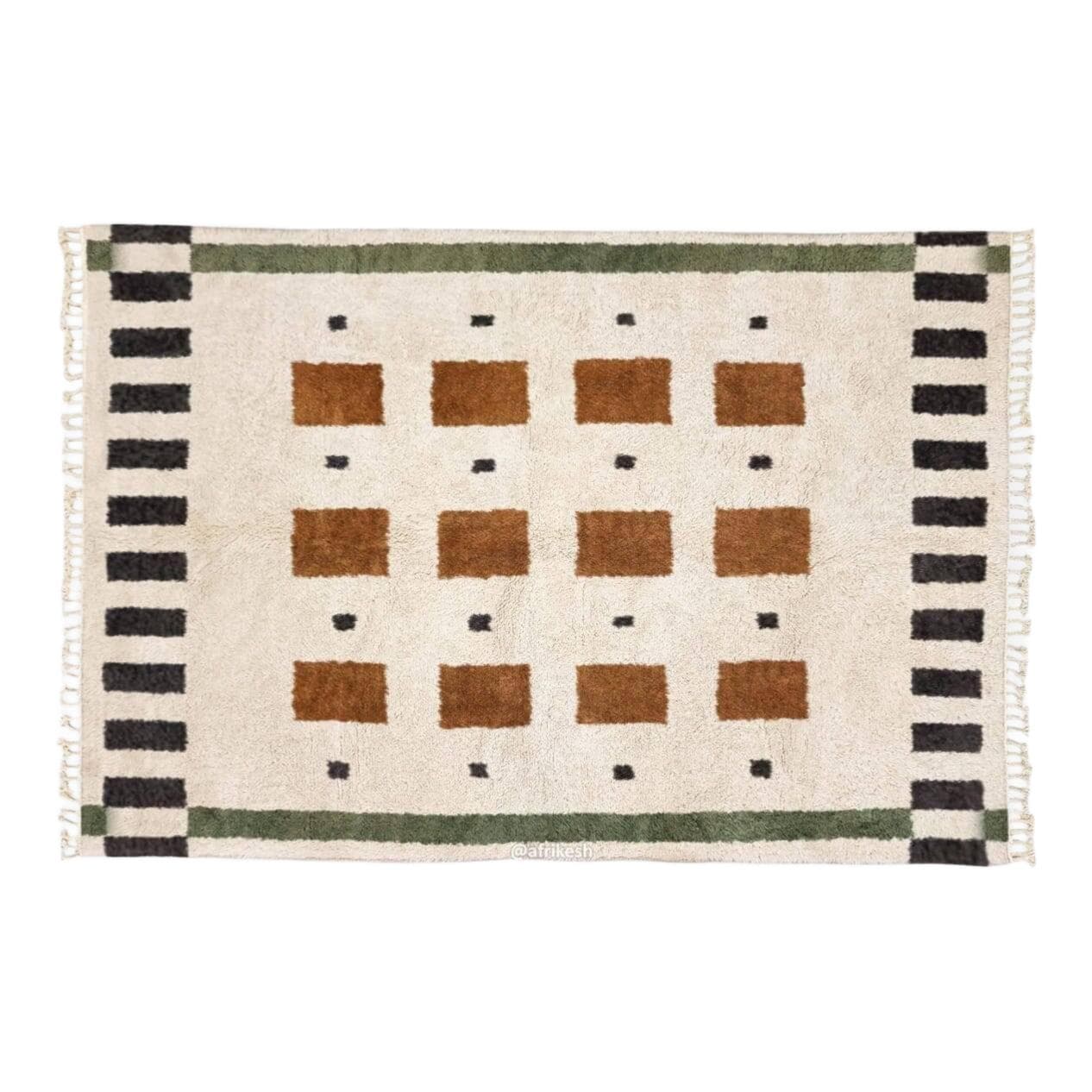 Ręcznie tkany dywan 250x150 cm, wełna, kość słoniowa, brązowy, czarny, zielony, Maroko