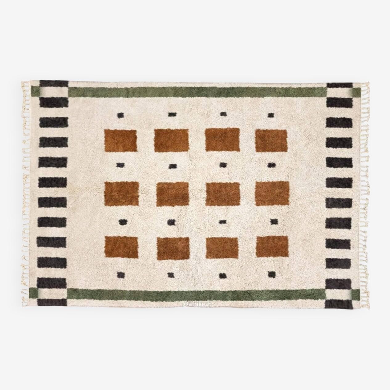 Ręcznie tkany dywan 250x150 cm, wełna, kość słoniowa, brązowy, czarny, zielony, Maroko - 199069