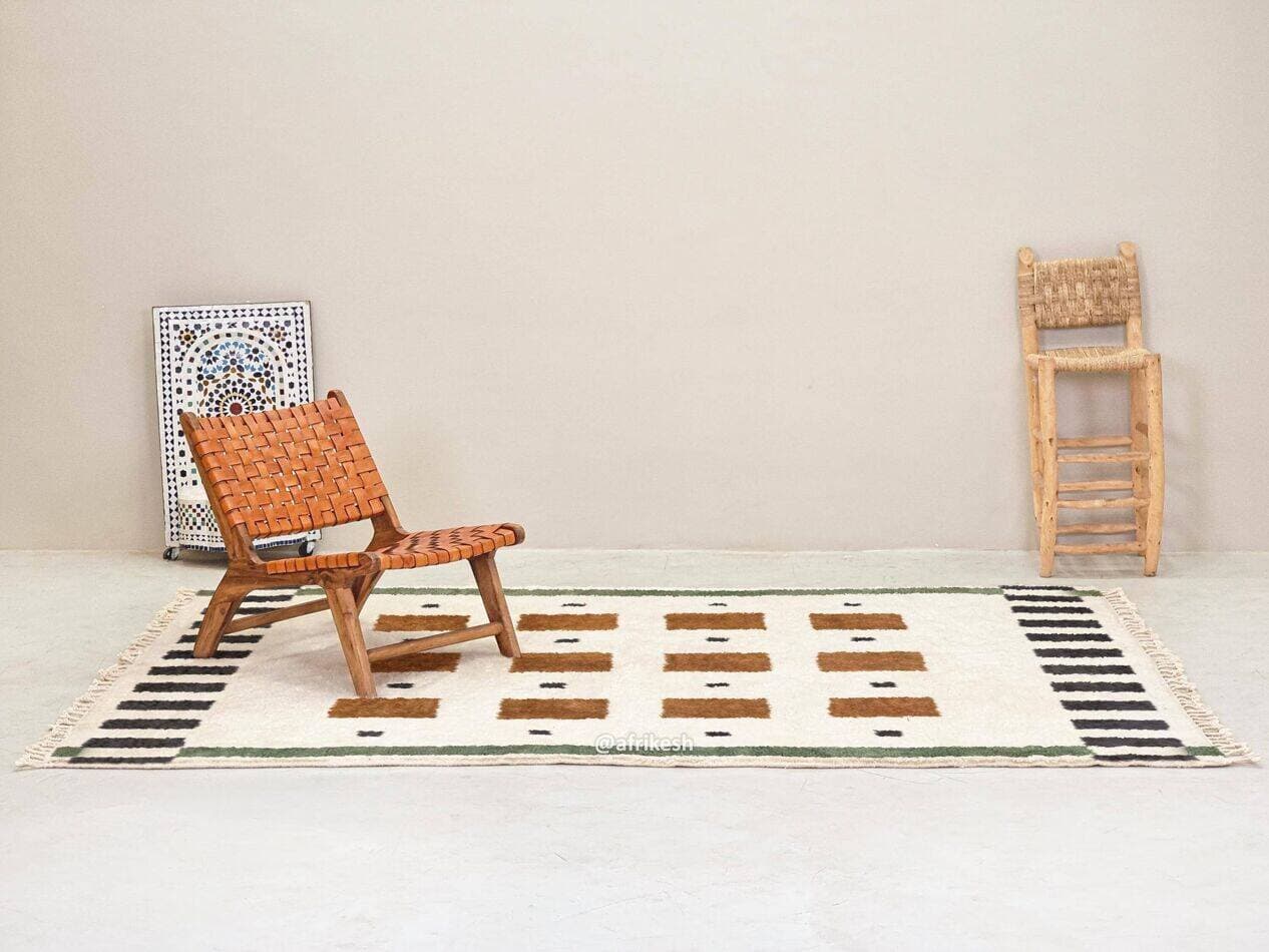 Ręcznie tkany dywan 250x150 cm, wełna, kość słoniowa, brązowy, czarny, zielony, Maroko - 199071