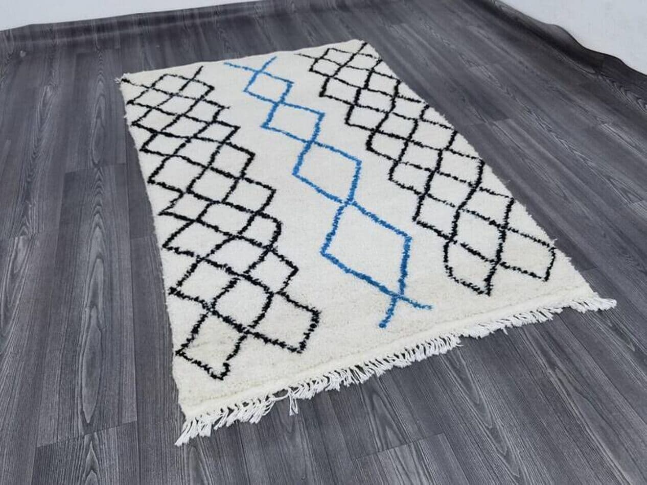Ręcznie tkany dywan 250x150 cm, wełna, biały, czarny, niebieski, Maroko - 198907
