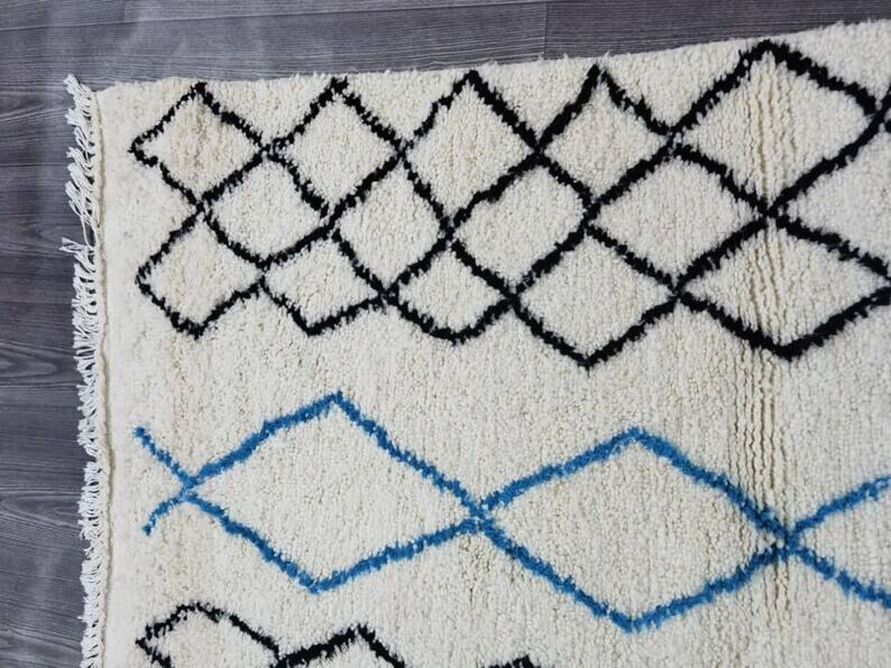 Ręcznie tkany dywan 250x150 cm, wełna, biały, czarny, niebieski, Maroko - 198910