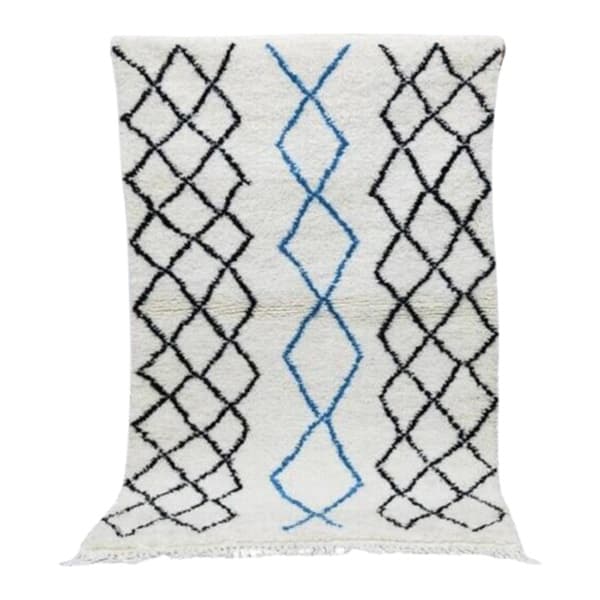 Ręcznie tkany dywan 250x150 cm, wełna, biały, czarny, niebieski, Maroko - WYMIARY