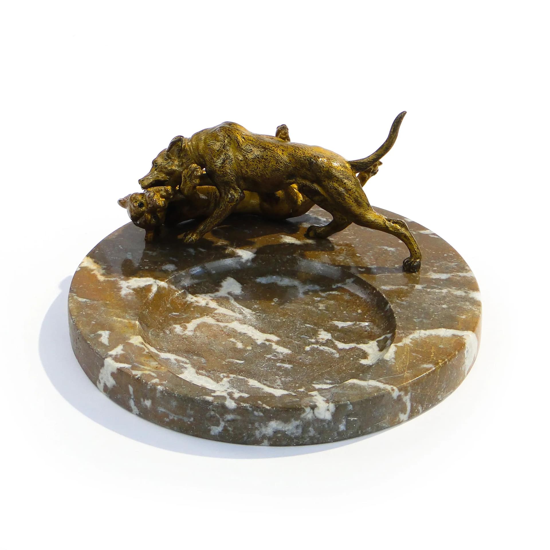 Wizytownik z figurą walczących psów, brąz brązowy, marmur brązowy, Austria, początek XX w. - 14081