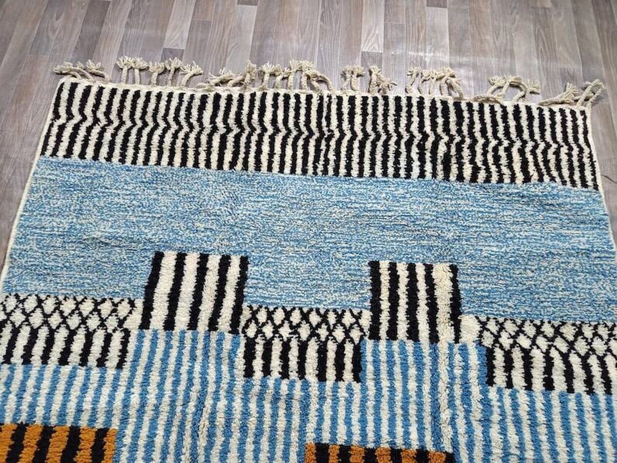 Ręcznie tkany dywan 200x300 cm, wełna, niebieski, granatowy, ochra, czarny, biały, Maroko - 198553