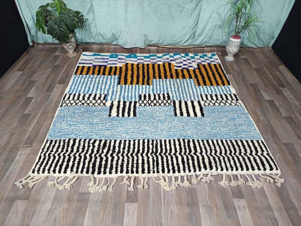 Ręcznie tkany dywan 200x300 cm, wełna, niebieski, granatowy, ochra, czarny, biały, Maroko - 198550