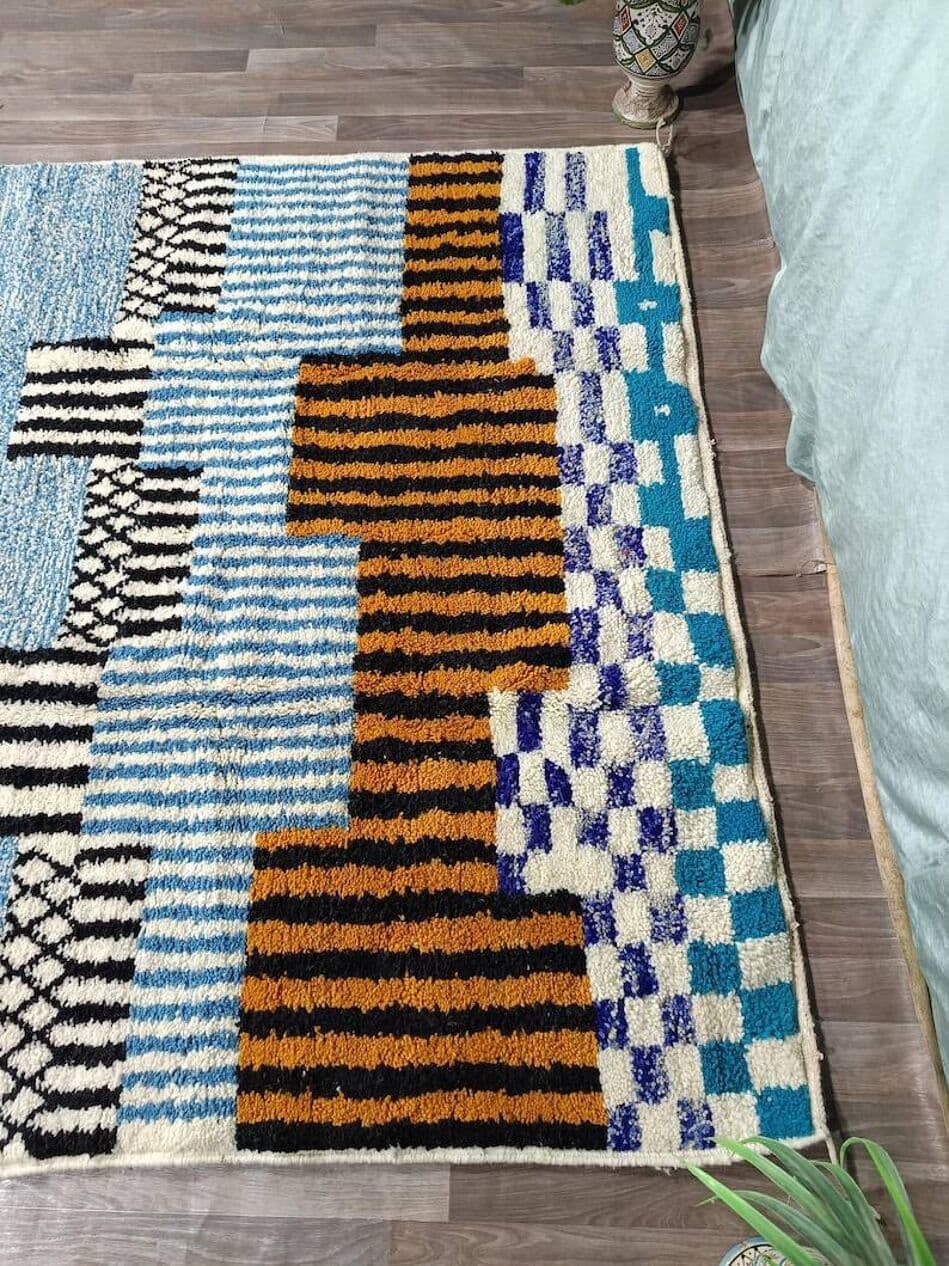 Ręcznie tkany dywan 200x300 cm, wełna, niebieski, granatowy, ochra, czarny, biały, Maroko - 198551