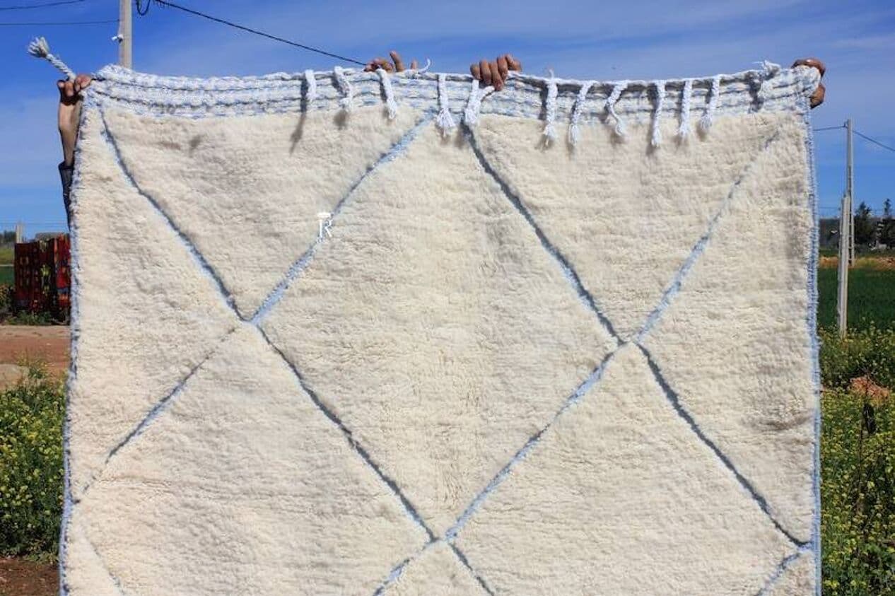 Ręcznie tkany dywan 250x150 cm, wełna, kremowy, niebieski, Maroko - 198503