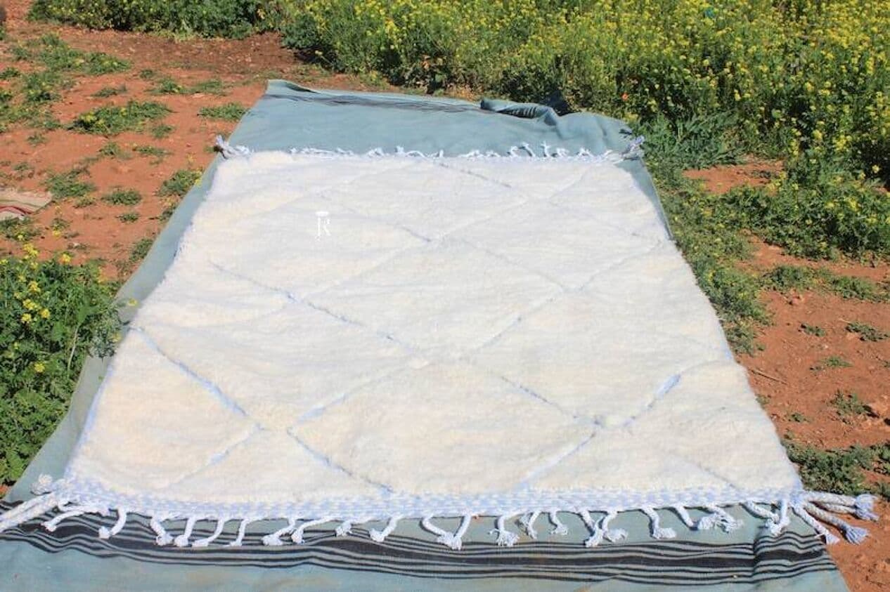 Ręcznie tkany dywan 250x150 cm, wełna, kremowy, niebieski, Maroko - 198502