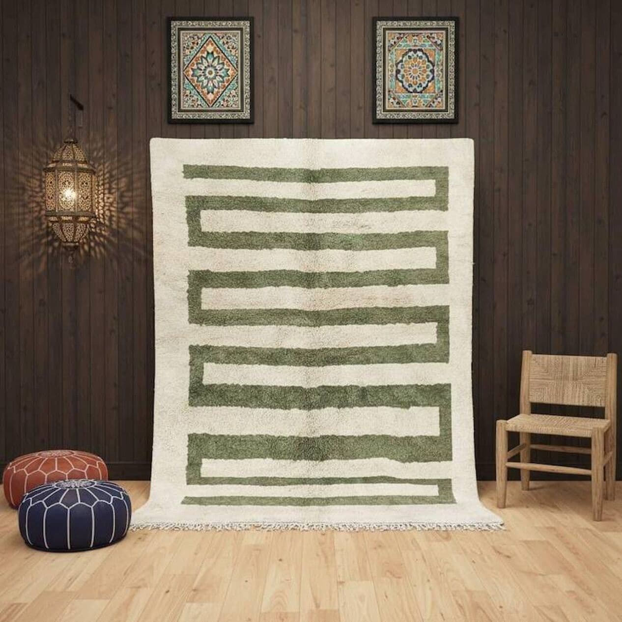 Ręcznie tkany dywan 250x150 cm, wełna, zielony, kremowy, Maroko - 198486