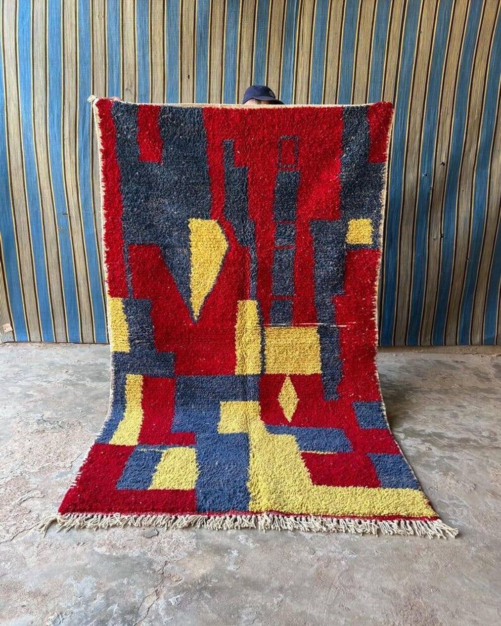 Ręcznie tkany dywan 250x150 cm, wełna, czerwony, granatowy, żółty, Maroko - 200424