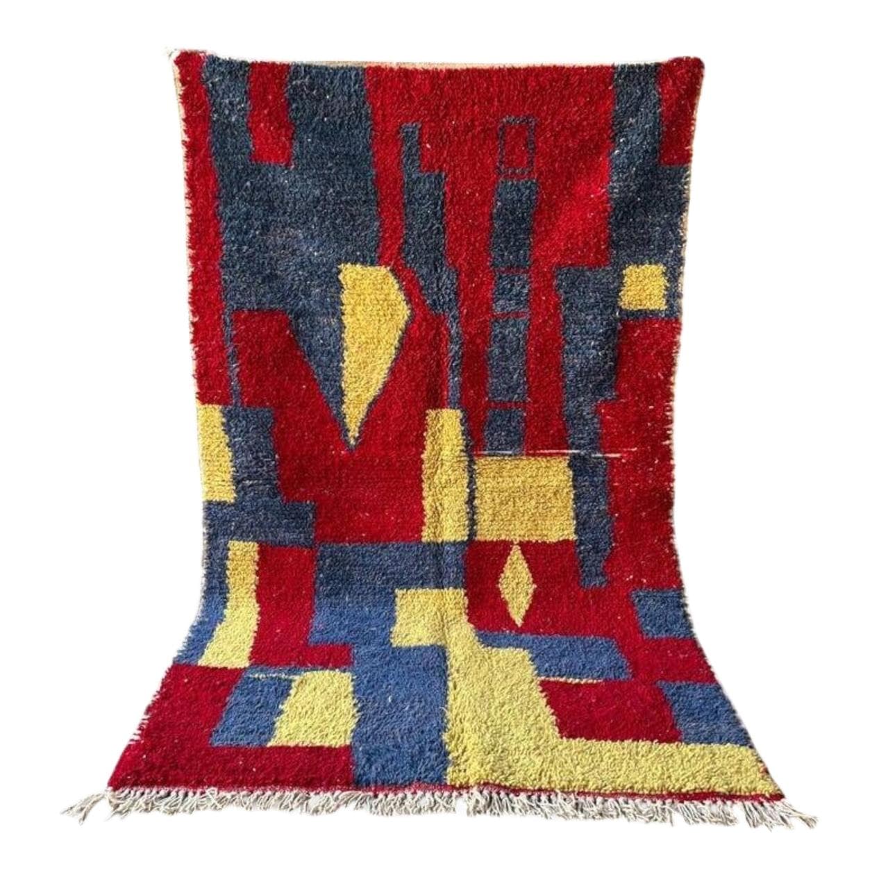 Ręcznie tkany dywan 250x150 cm, wełna, czerwony, granatowy, żółty, Maroko