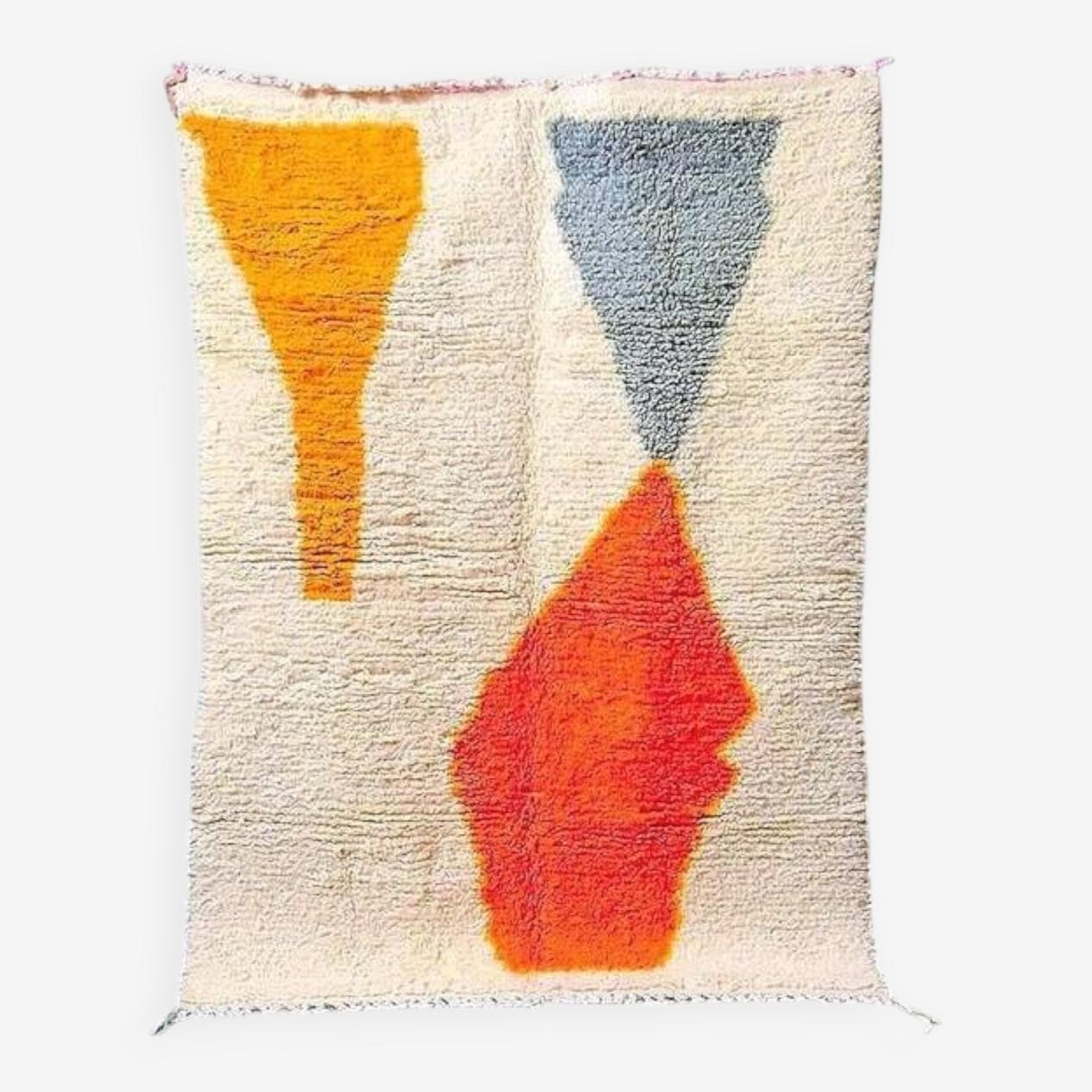 Ręcznie tkany dywan 250x150 cm, wełna, kremowy, pomarańczowy, niebieski, Maroko - 201086