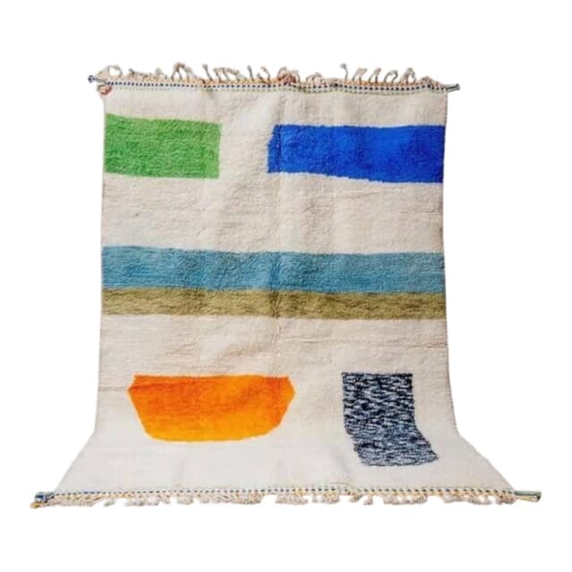 Ręcznie tkany dywan 250x150 cm, wełna, kremowy, zielony, niebieski, pomarańczowy, granatowy, Maroko - WYMIARY