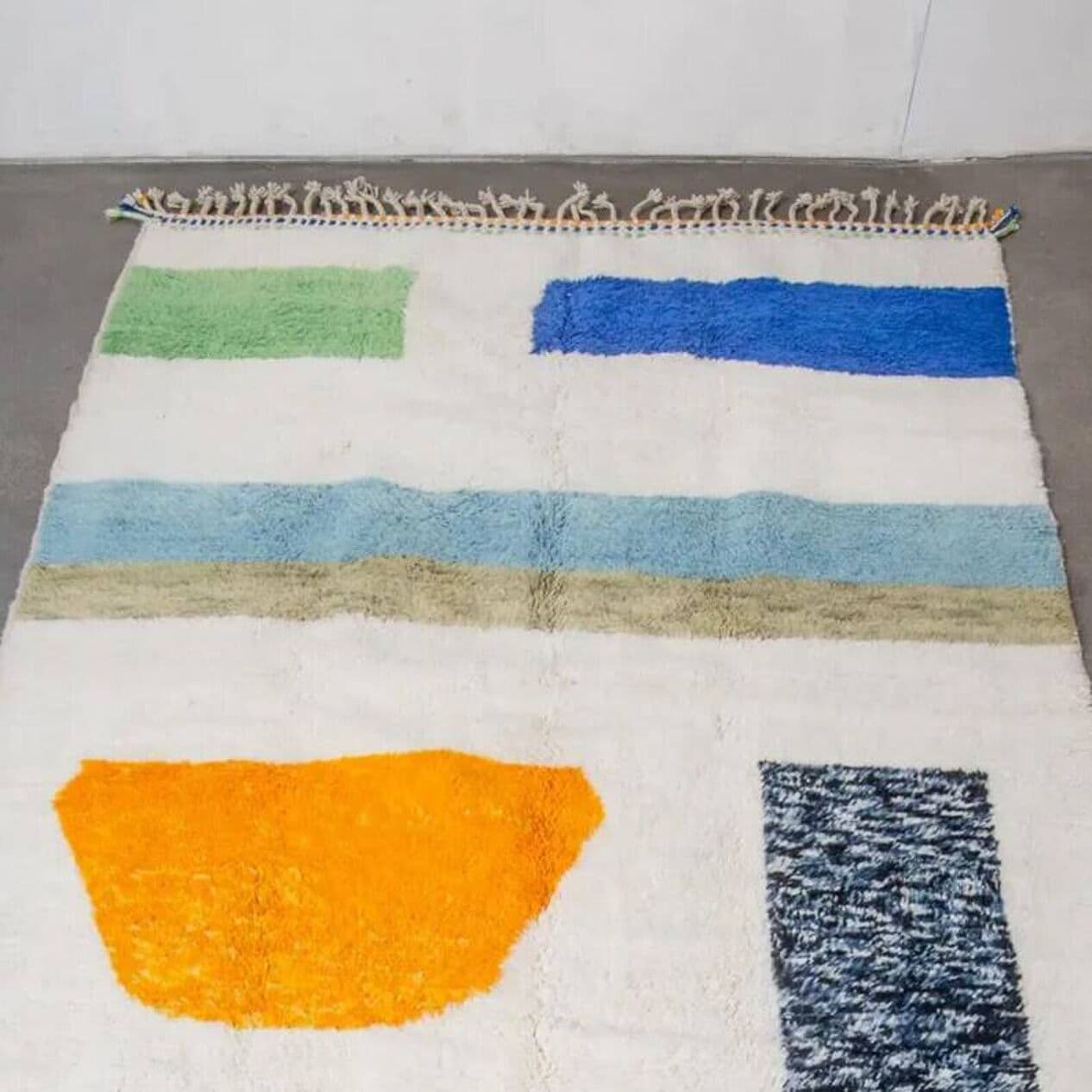 Ręcznie tkany dywan 250x150 cm, wełna, kremowy, zielony, niebieski, pomarańczowy, granatowy, Maroko - 200988